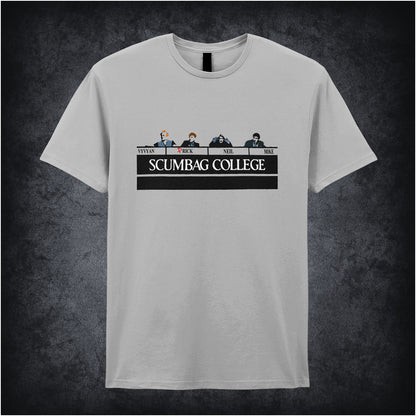sports grey unisex T-shirt featuring the phrase “Scumbag College” inspired by The Young Ones, displayed in bold collegiate-style white lettering.