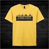 daisy unisex T-shirt featuring the phrase “Scumbag College” inspired by The Young Ones, displayed in bold collegiate-style white lettering.