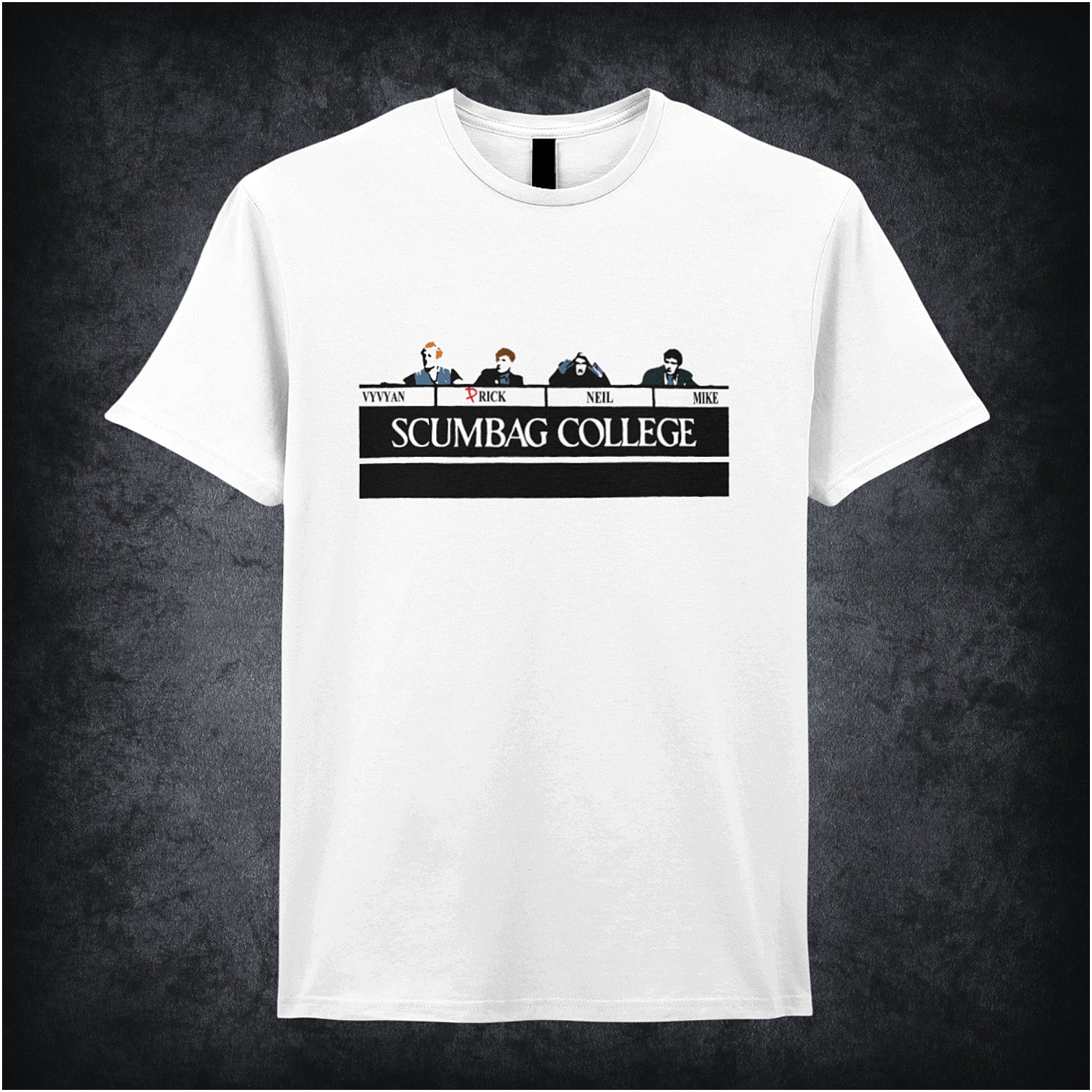 white unisex T-shirt featuring the phrase “Scumbag College” inspired by The Young Ones, displayed in bold collegiate-style white lettering.