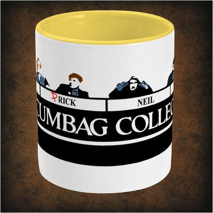 Two-tone ceramic mug featuring Scumbag College wrap-around print from The Young Ones, center image dishwasher and microwave safe, perfect for British comedy fans.