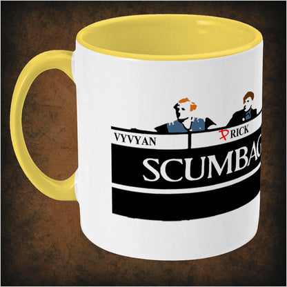 Two-tone ceramic mug featuring Scumbag College wrap-around print from The Young Ones, left hand dishwasher and microwave safe, perfect for British comedy fans.