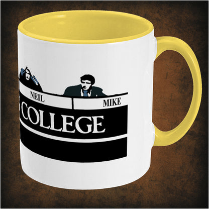 Two-tone ceramic mug featuring Scumbag College wrap-around print from The Young Ones, right hand dishwasher and microwave safe, perfect for British comedy fans.