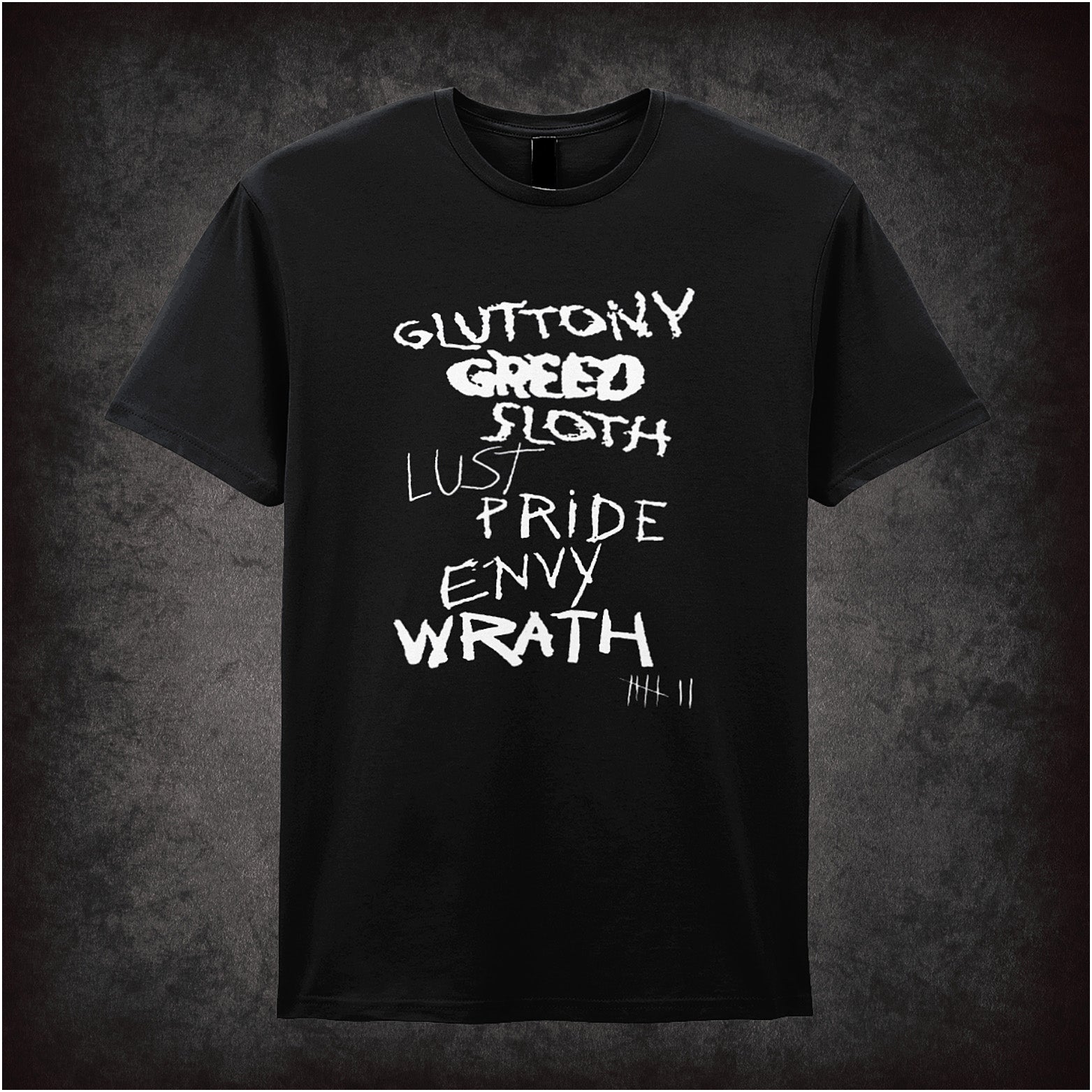 black unisex t-shirt featuring the title “The Seven Deadly Sins” inspired by the movie Se7en, with dark, gritty typography.