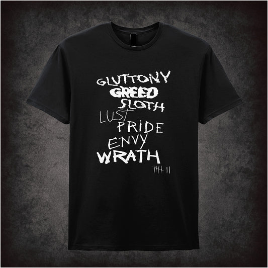 black unisex t-shirt featuring the title “The Seven Deadly Sins” inspired by the movie Se7en, with dark, gritty typography.
