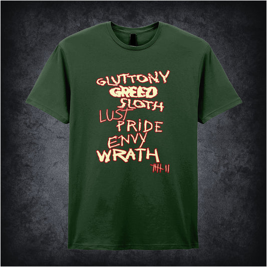 forest unisex t-shirt featuring the title “The Seven Deadly Sins” inspired by the movie Se7en, with dark, gritty typography.