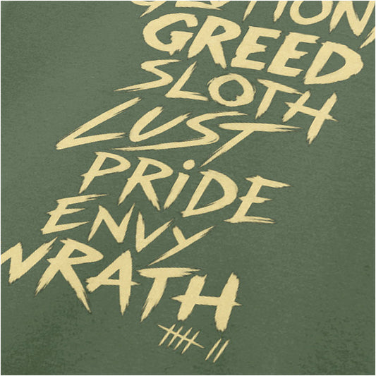 ‘Seven deadly sins’ quote close up T-shirt in military green from Se7en