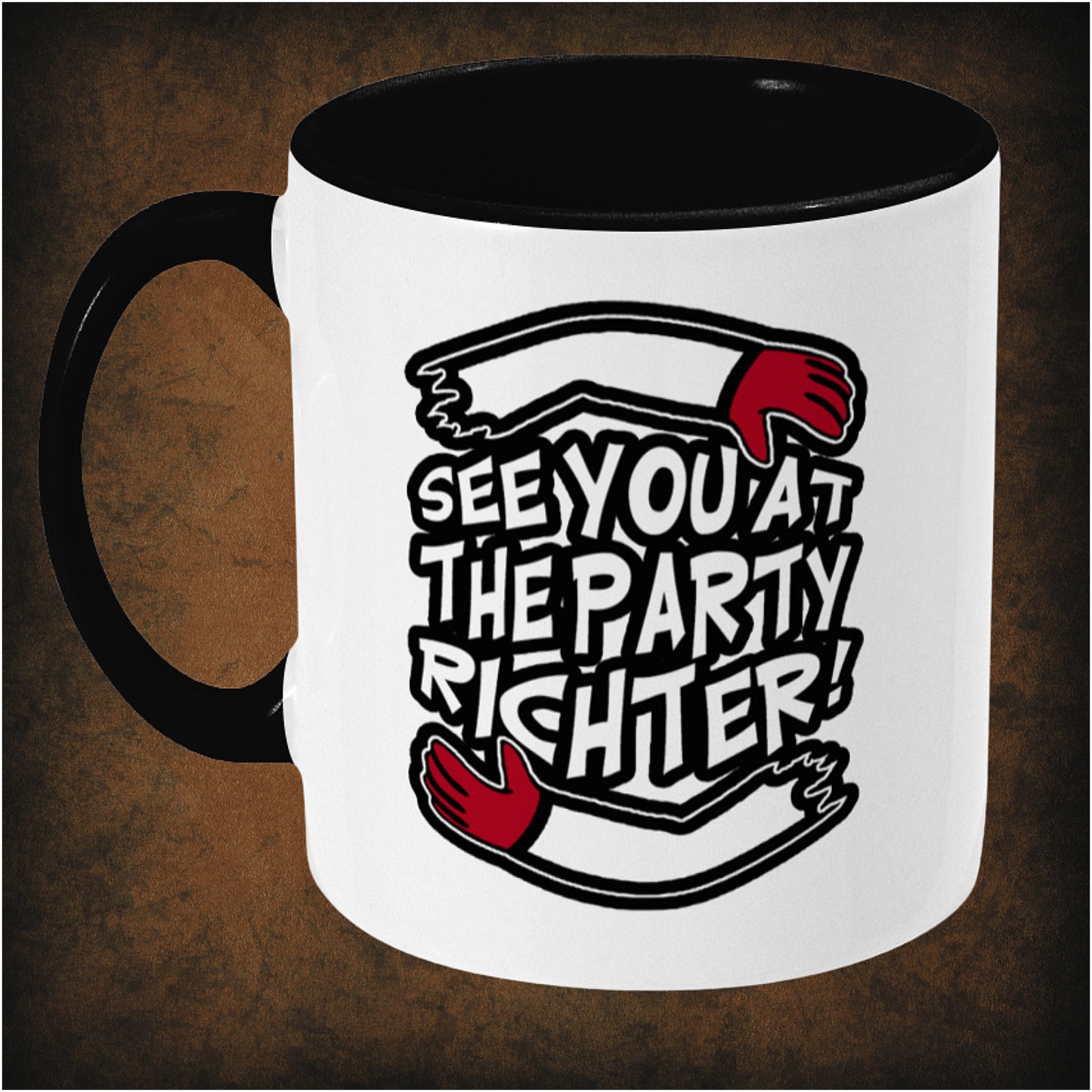 SEE YOU AT THE PARTY RICHTER! – Total Recall inspired two-toned ceramic mug left hand side featuring bold sci-fi quote design, perfect for fans of the classic action film, Arnold Schwarzenegger enthusiasts, and pop culture collectors.