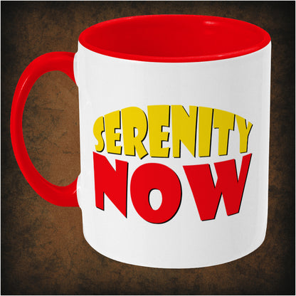 Serenity Now two-toned mug inspired by Seinfeld, left hand side featuring the iconic TV show quote, minimalist design, and collectible pop culture merchandise for comedy fans.