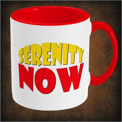 Serenity Now two-toned mug inspired by Seinfeld, right hand side featuring the iconic TV show quote, minimalist design, and collectible pop culture merchandise for comedy fans.