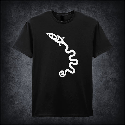 Black soft style unisex T-shirt featuring a detailed graphic of the Serpent Mound, inspired by ancient archaeology and prehistoric earthworks.