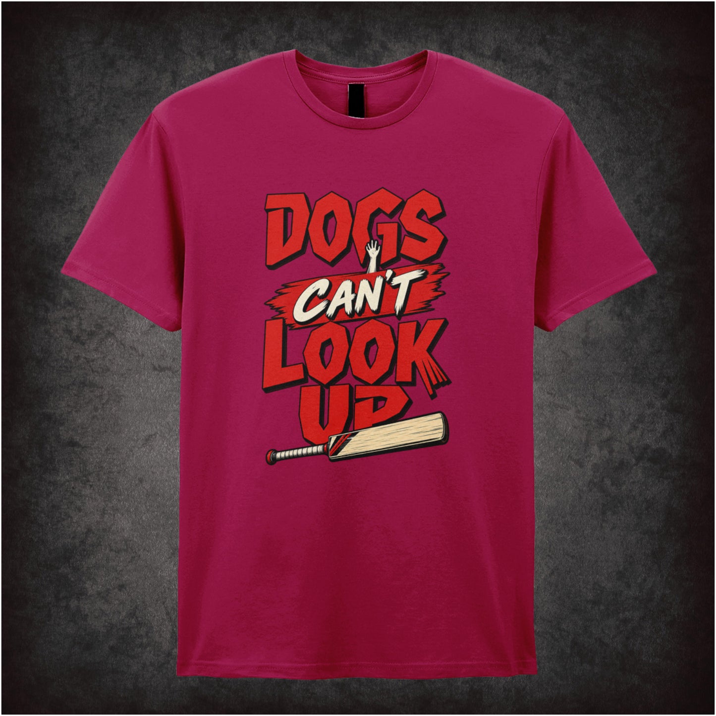 ‘Dogs can’t look up’ quote T-shirt in cardinal red from Shaun of the Dead