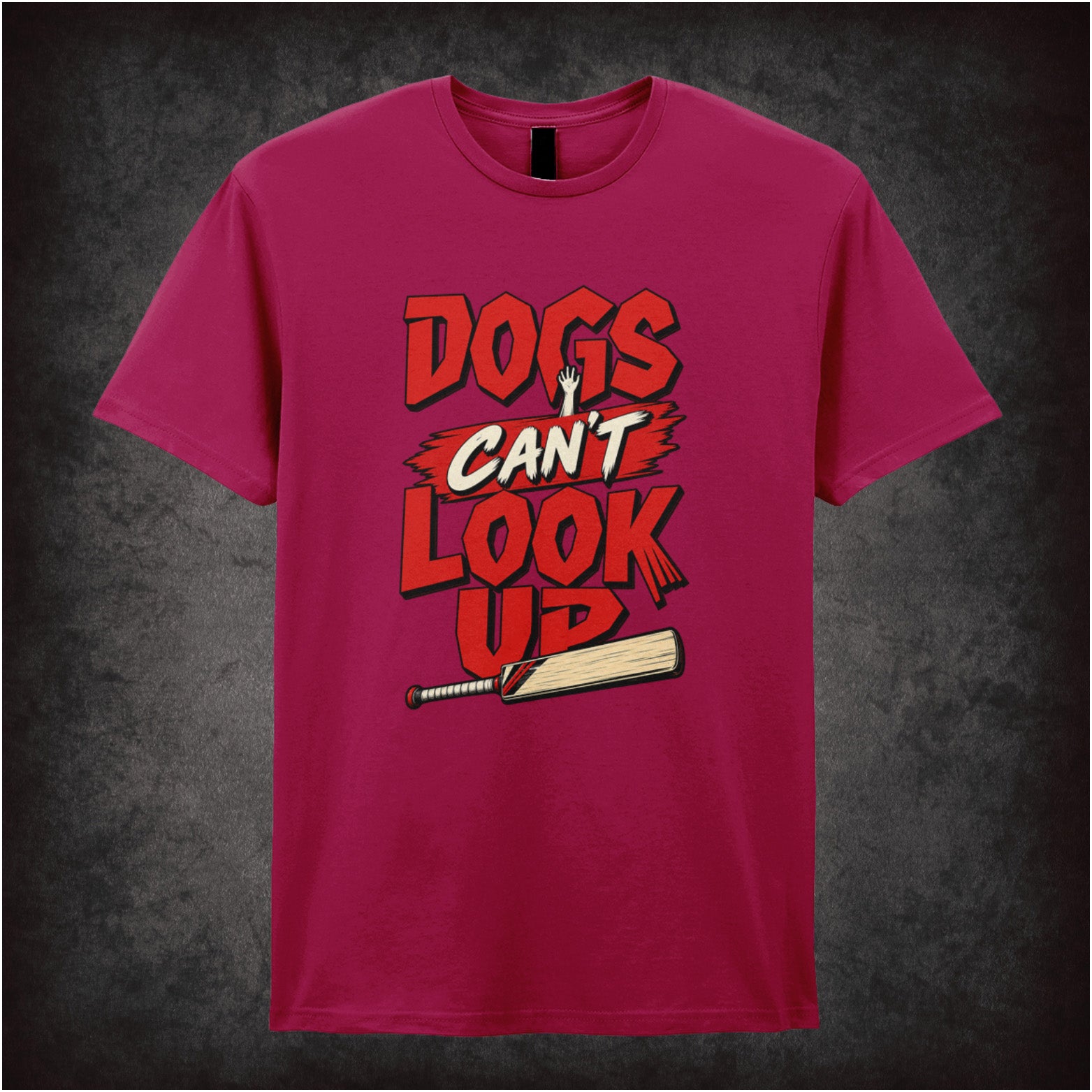 ‘Dogs can’t look up’ quote T-shirt in cardinal red from Shaun of the Dead
