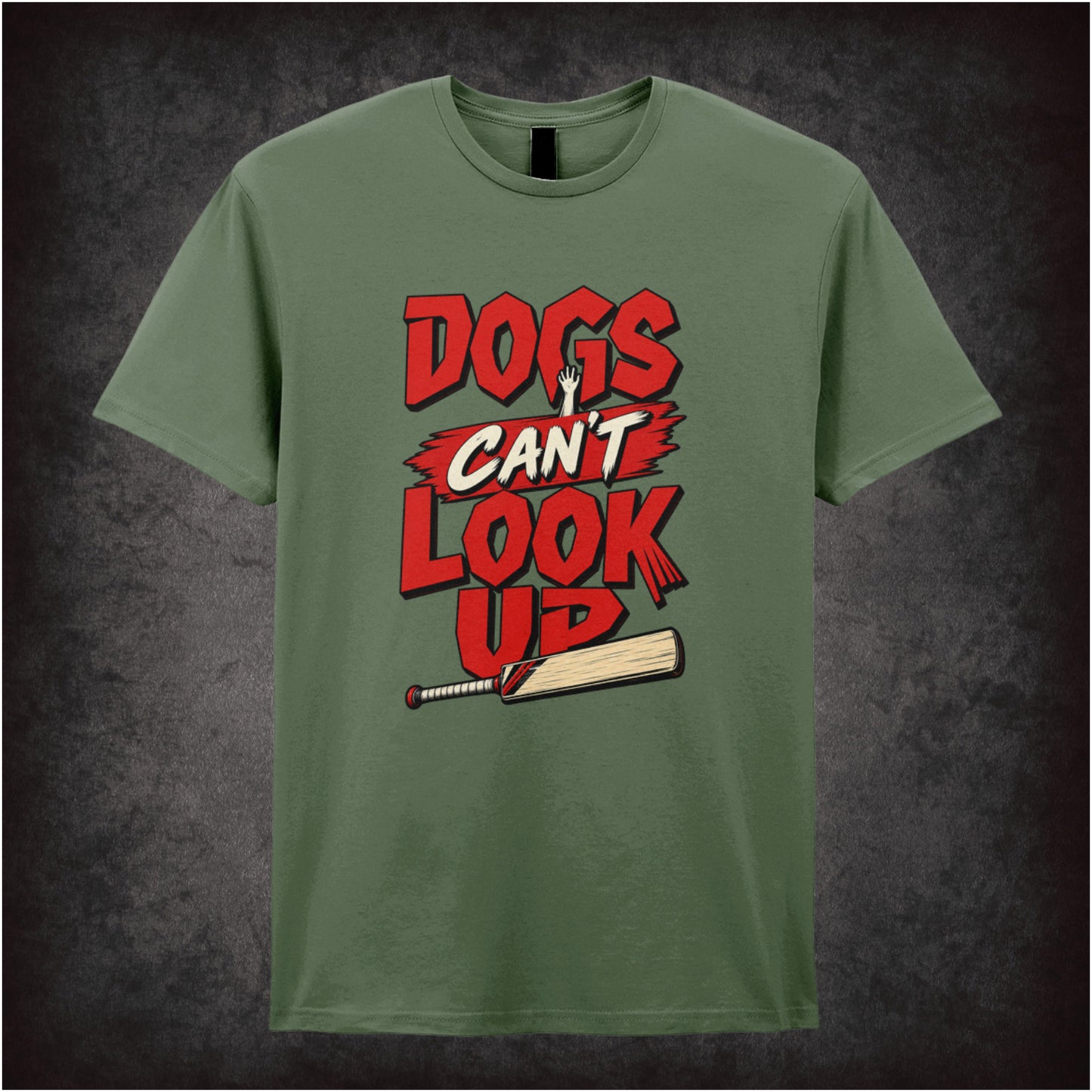‘Dogs can’t look up’ quote T-shirt in military green from Shaun of the Dead
