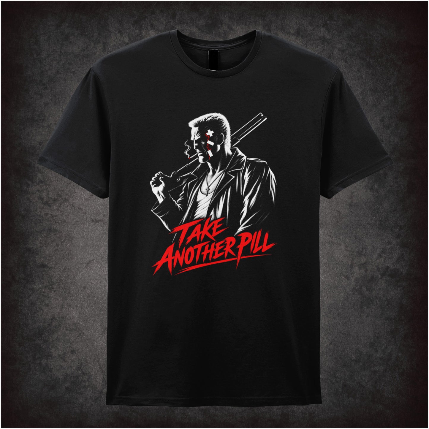 Marv face ‘take another pill’ T-shirt in black from Sin City