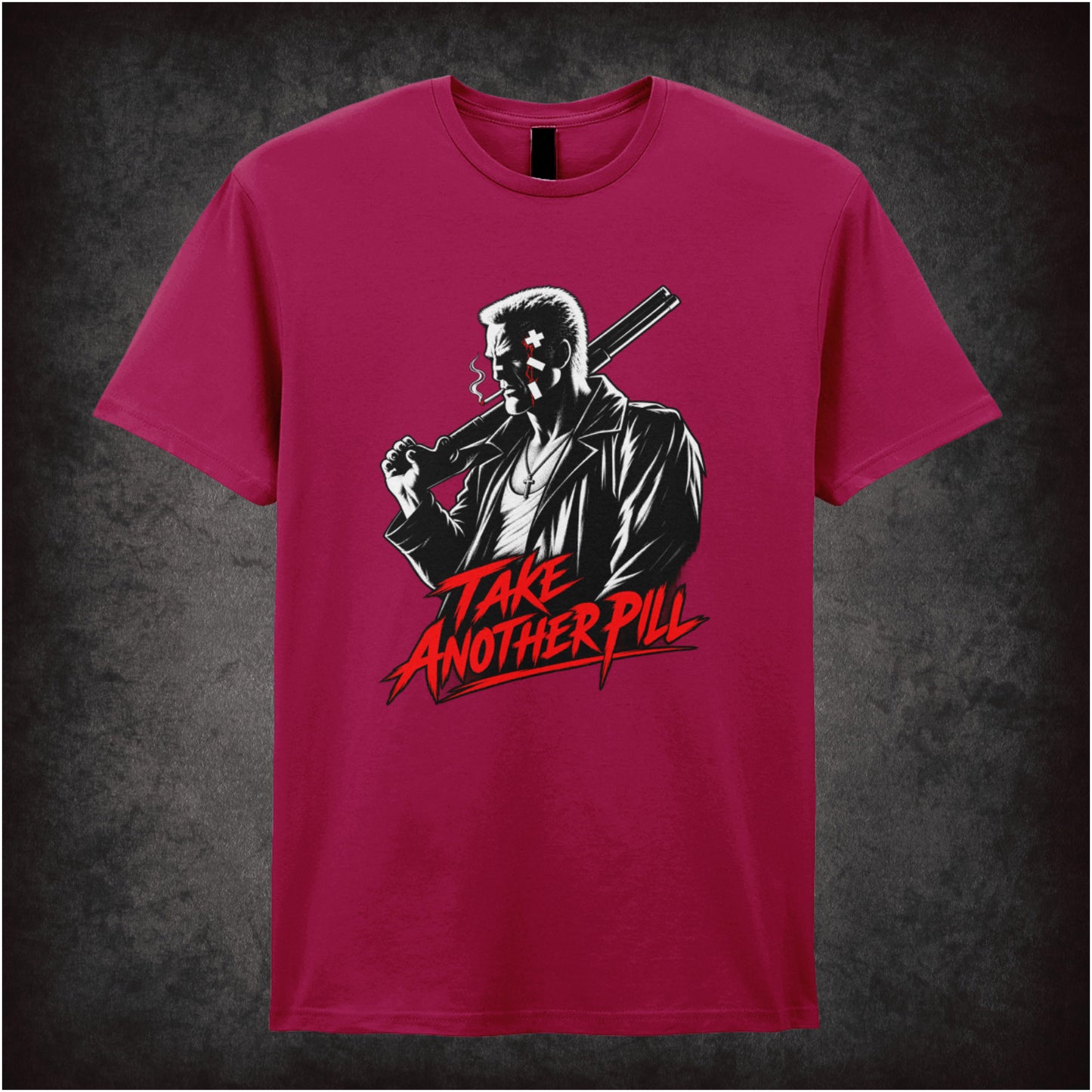 Marv face ‘take another pill’ T-shirt in cardinal red from Sin City