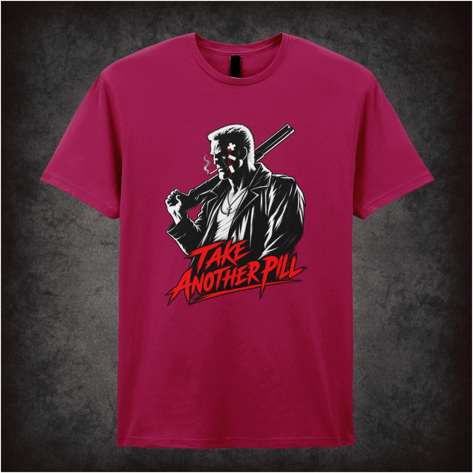 Marv face ‘take another pill’ T-shirt in cardinal red from Sin City