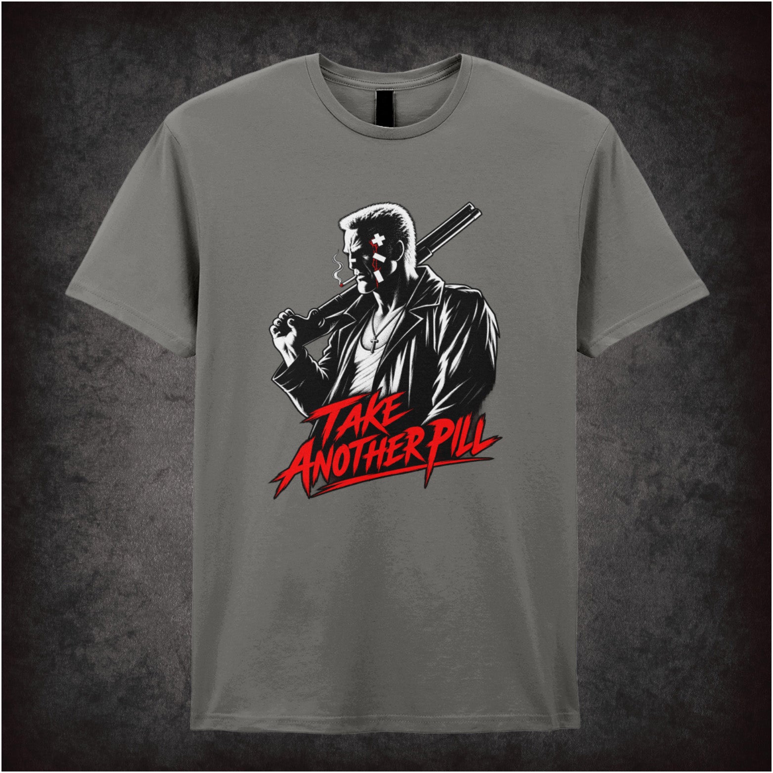 Marv face ‘take another pill’ T-shirt in charcoal from Sin City