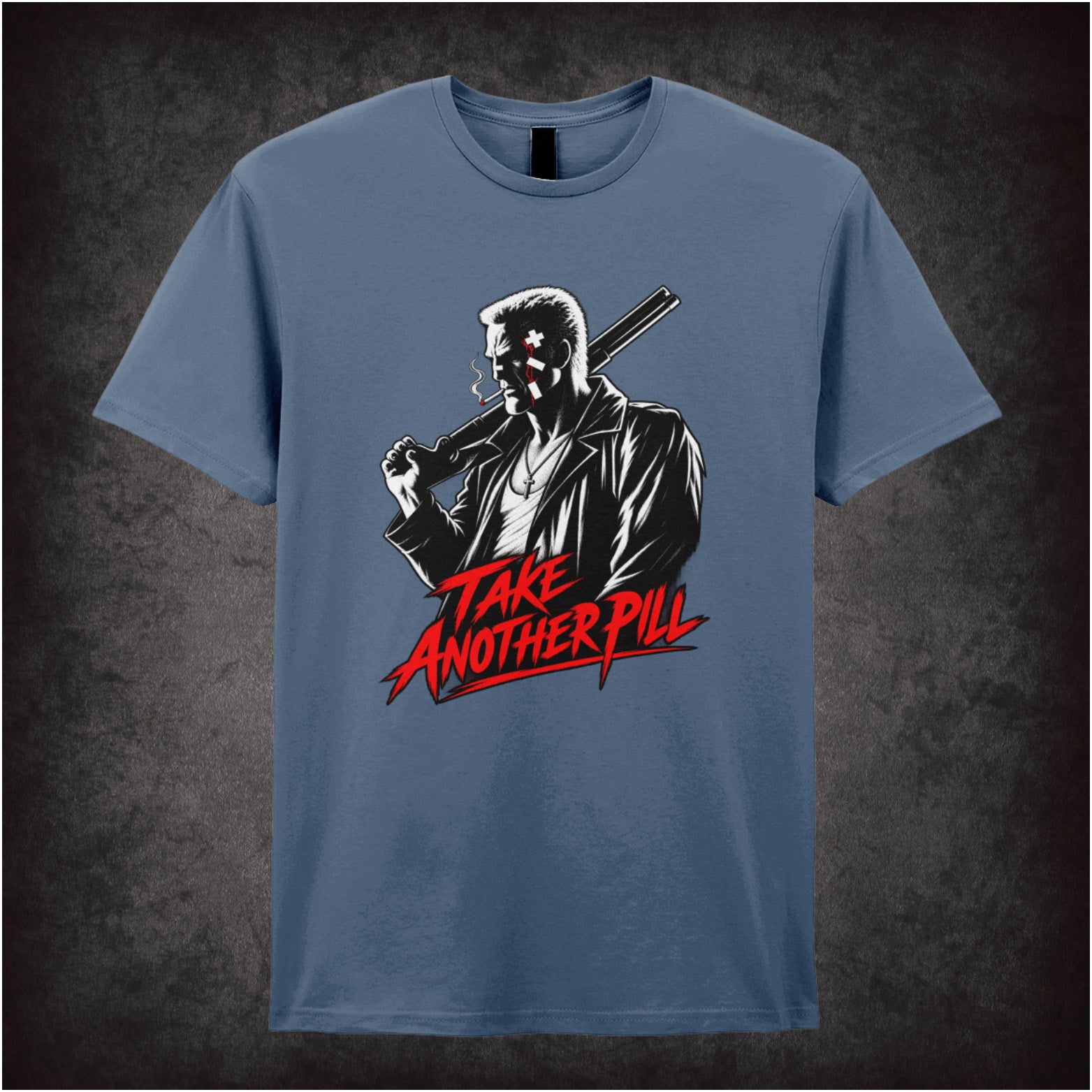 Marv face ‘take another pill’ T-shirt in indigo from Sin City