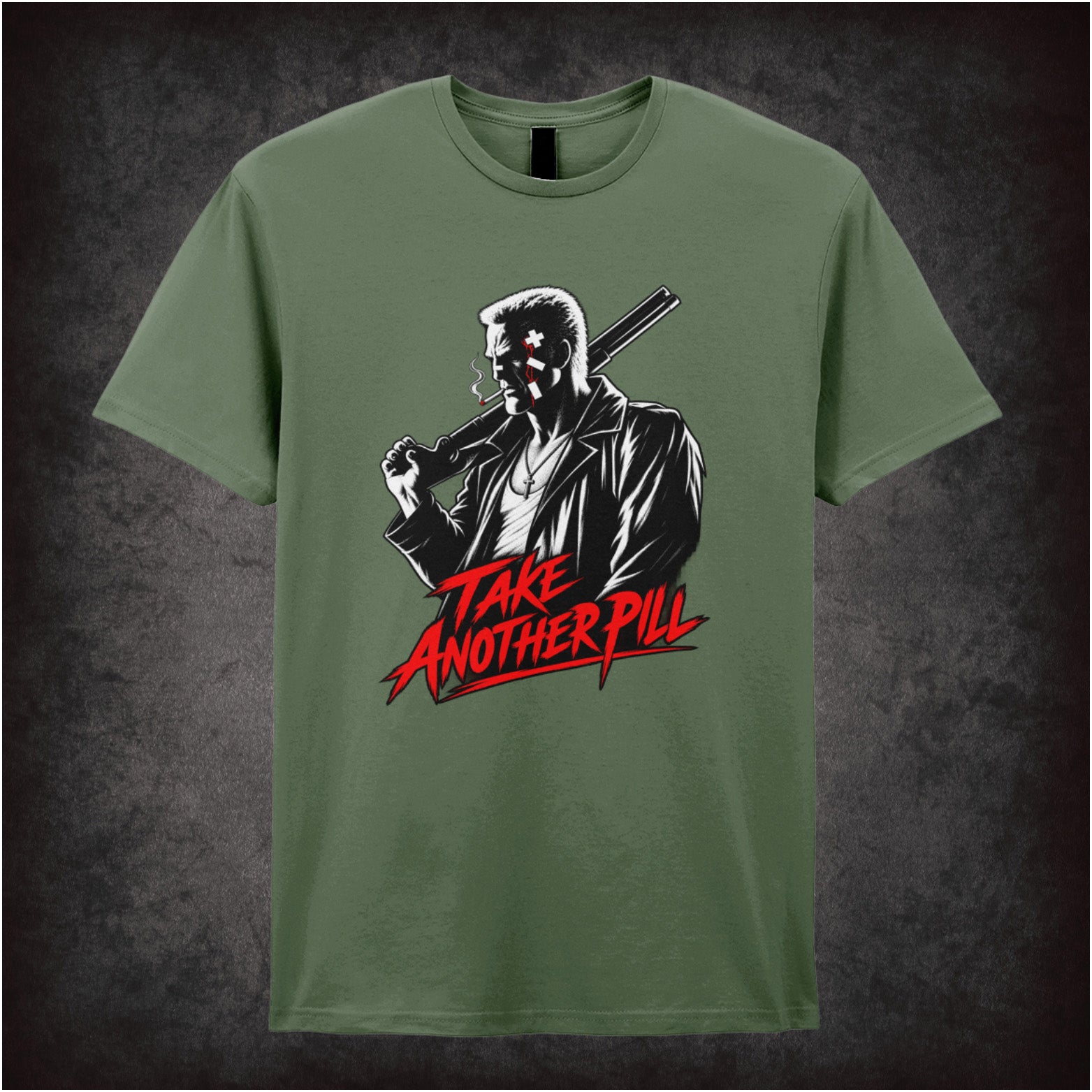 Marv face ‘take another pill’ T-shirt in military green from Sin City