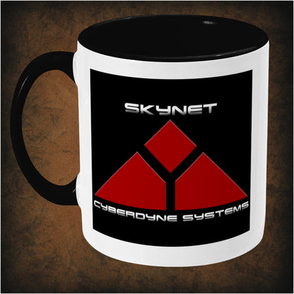 Skynet Cyberdyne Systems two-toned mug inspired by Terminator, left hand side featuring iconic sci-fi logo, futuristic design, and collectible action movie merchandise for fans.