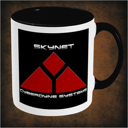 Skynet Cyberdyne Systems two-toned mug inspired by Terminator, right hand side featuring iconic sci-fi logo, futuristic design, and collectible action movie merchandise for fans.