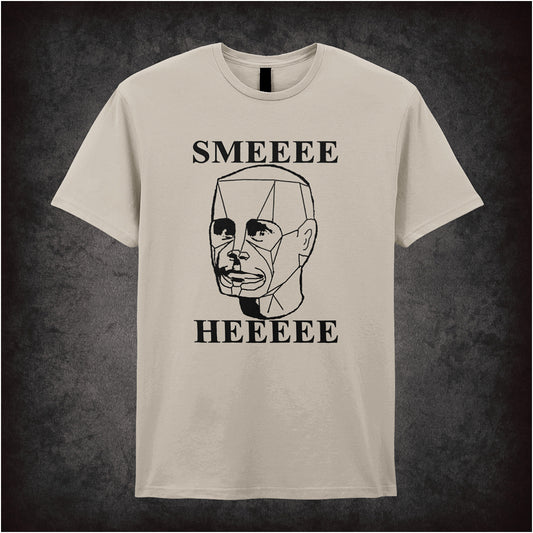 natural soft style unisex T-shirt featuring the phrase "SMEEEE HEEEEE" inspired by Red Dwarf, printed in bold, playful sci-fi lettering.