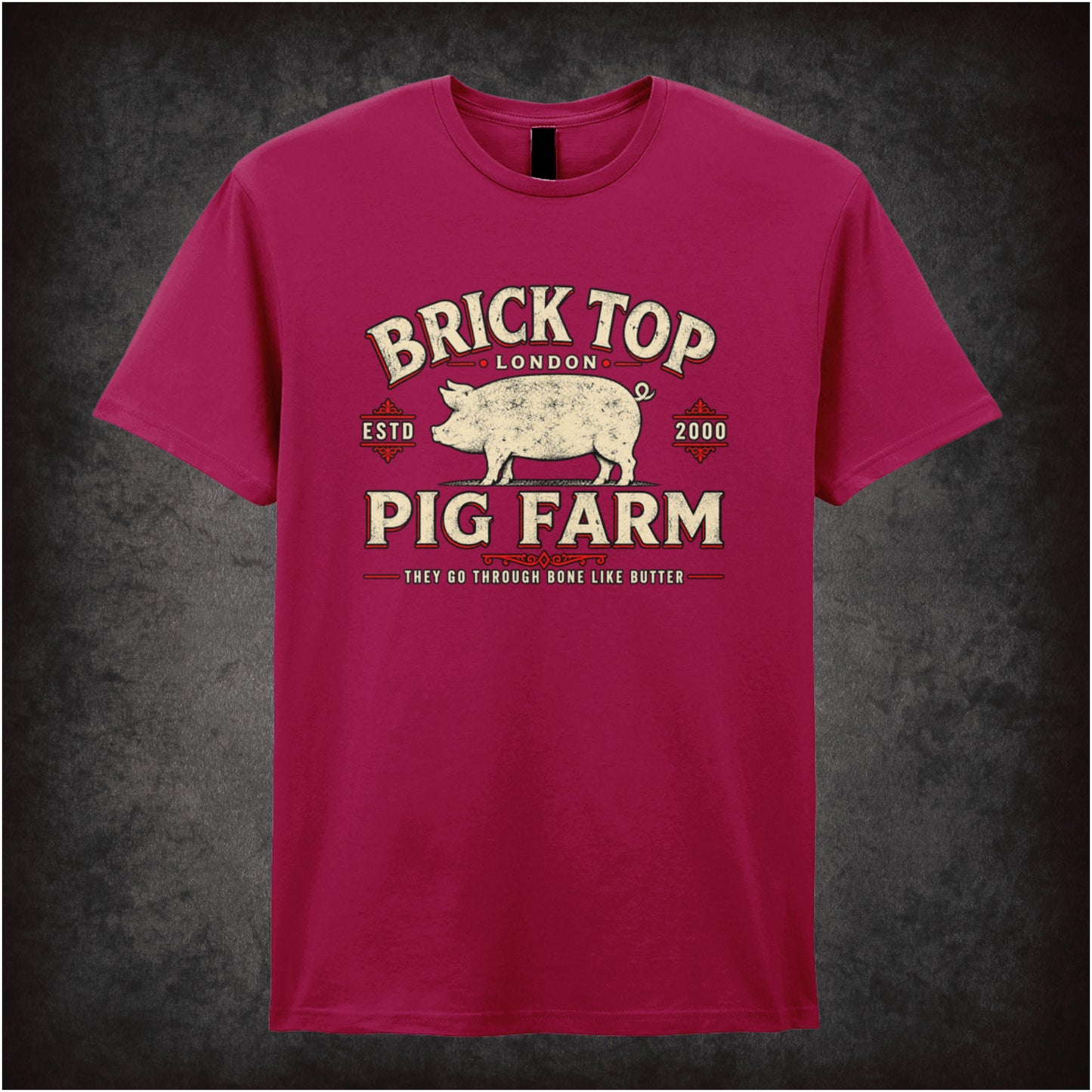 Brick Top’s Pig Farm logo T-shirt in cardinal red from Snatch