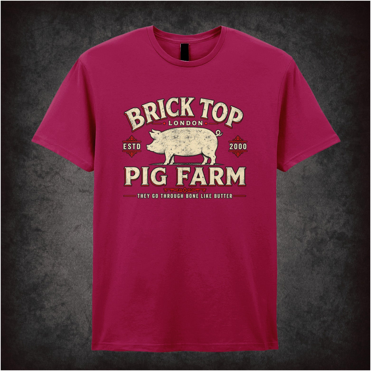 Brick Top’s Pig Farm logo T-shirt in cardinal red from Snatch