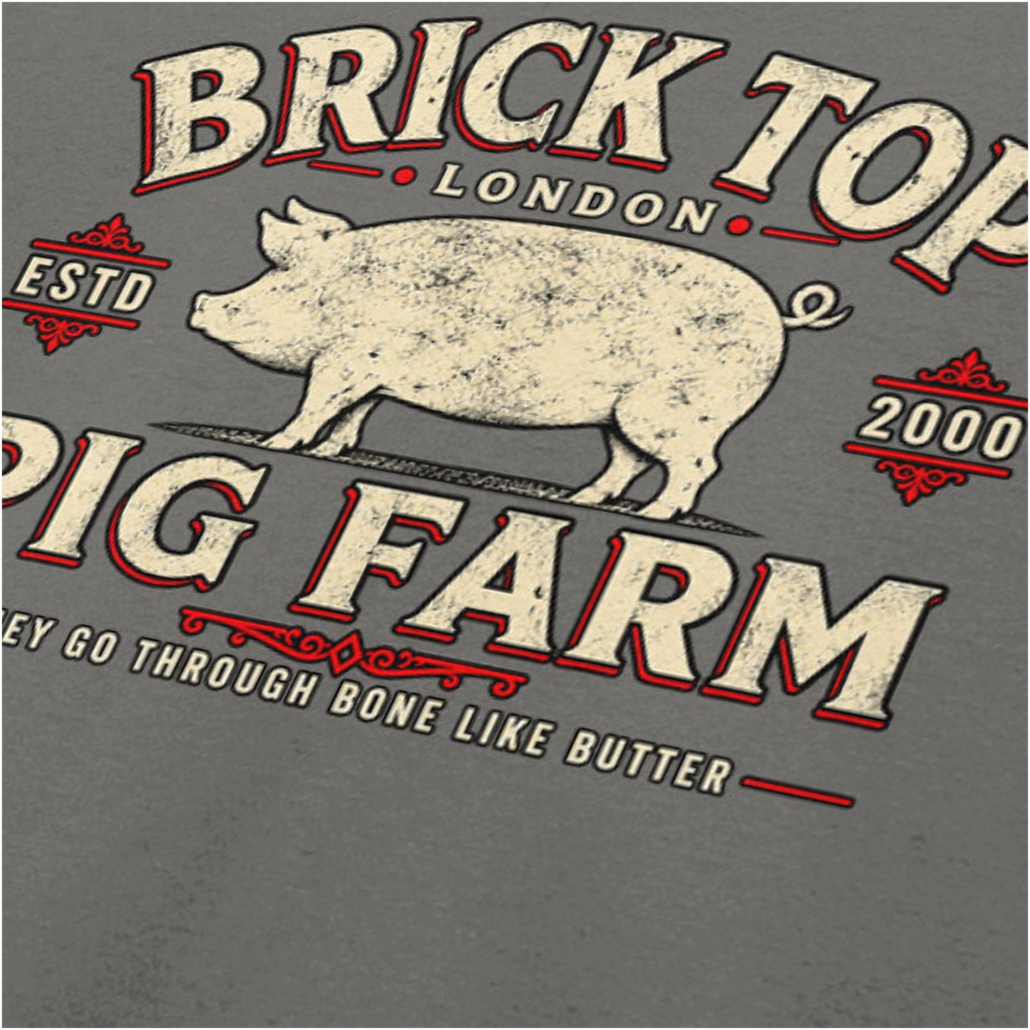 Brick Top’s Pig Farm logo close up T-shirt in charcoal from Snatch