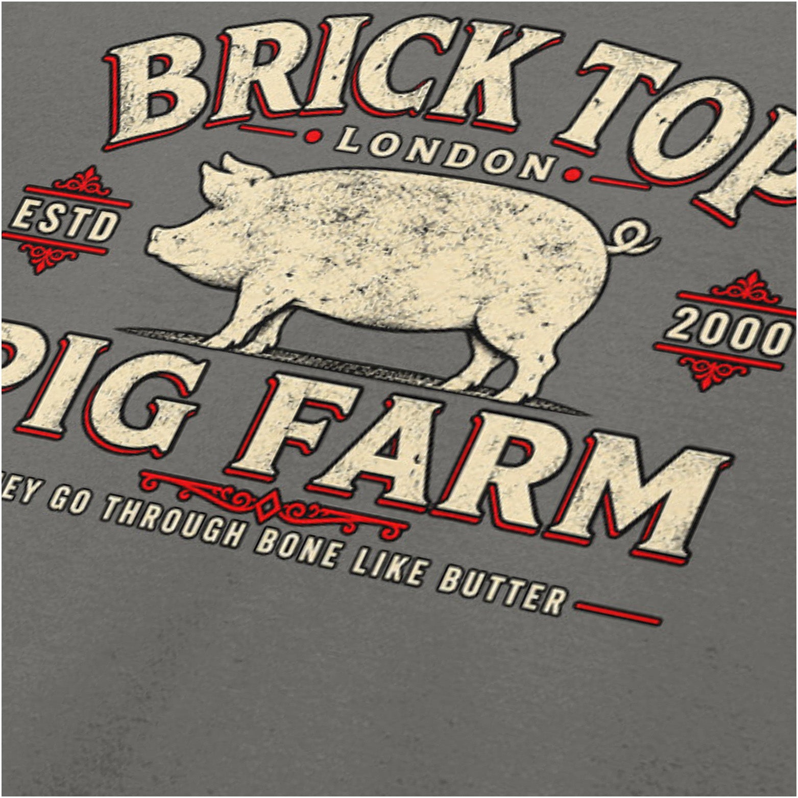 Brick Top’s Pig Farm logo close up T-shirt in charcoal from Snatch