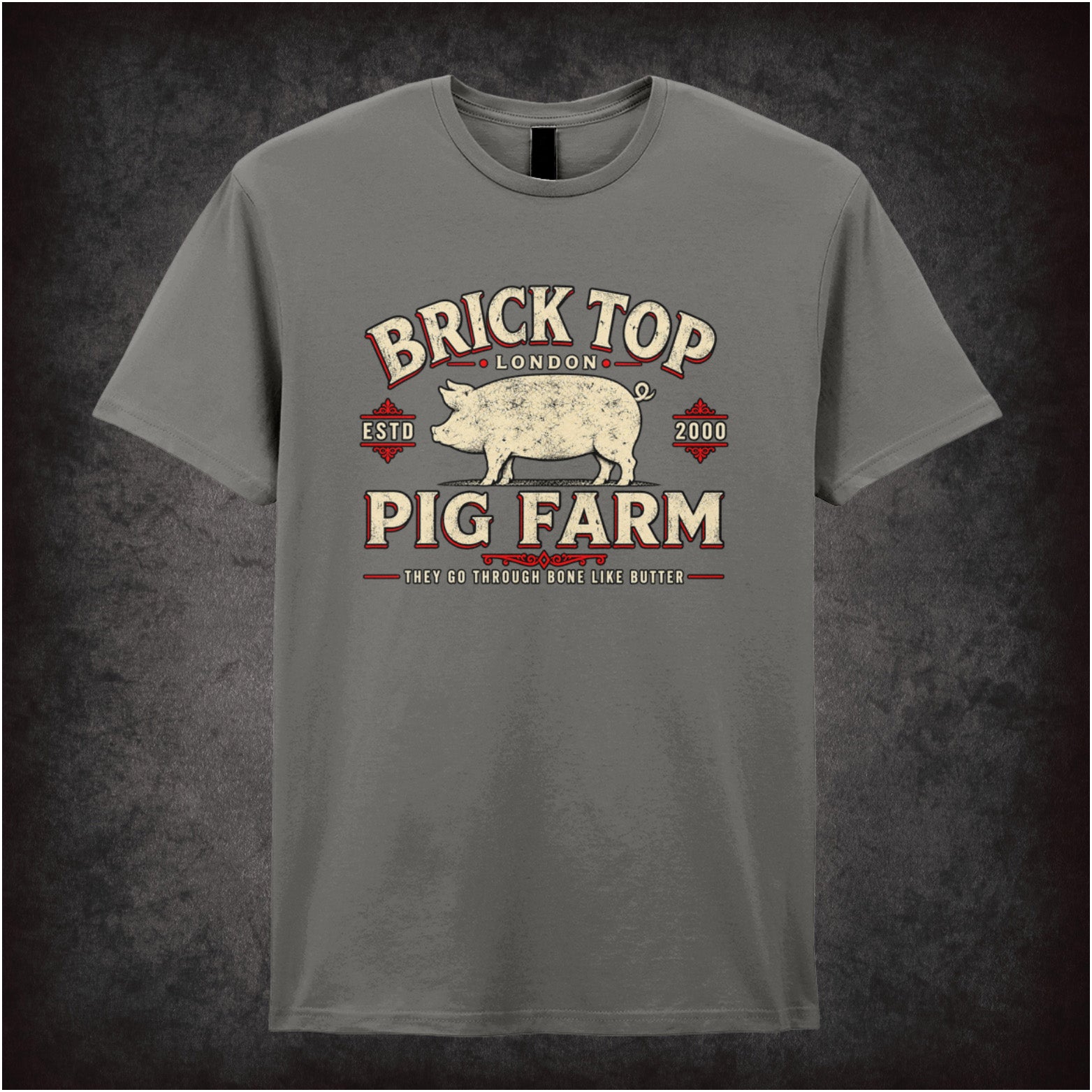Brick Top’s Pig Farm logo T-shirt in charcoal from Snatch