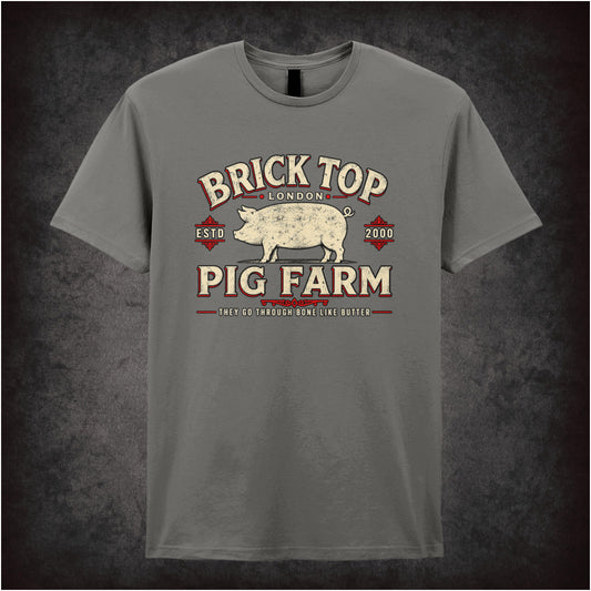 Brick Top’s Pig Farm logo T-shirt in charcoal from Snatch