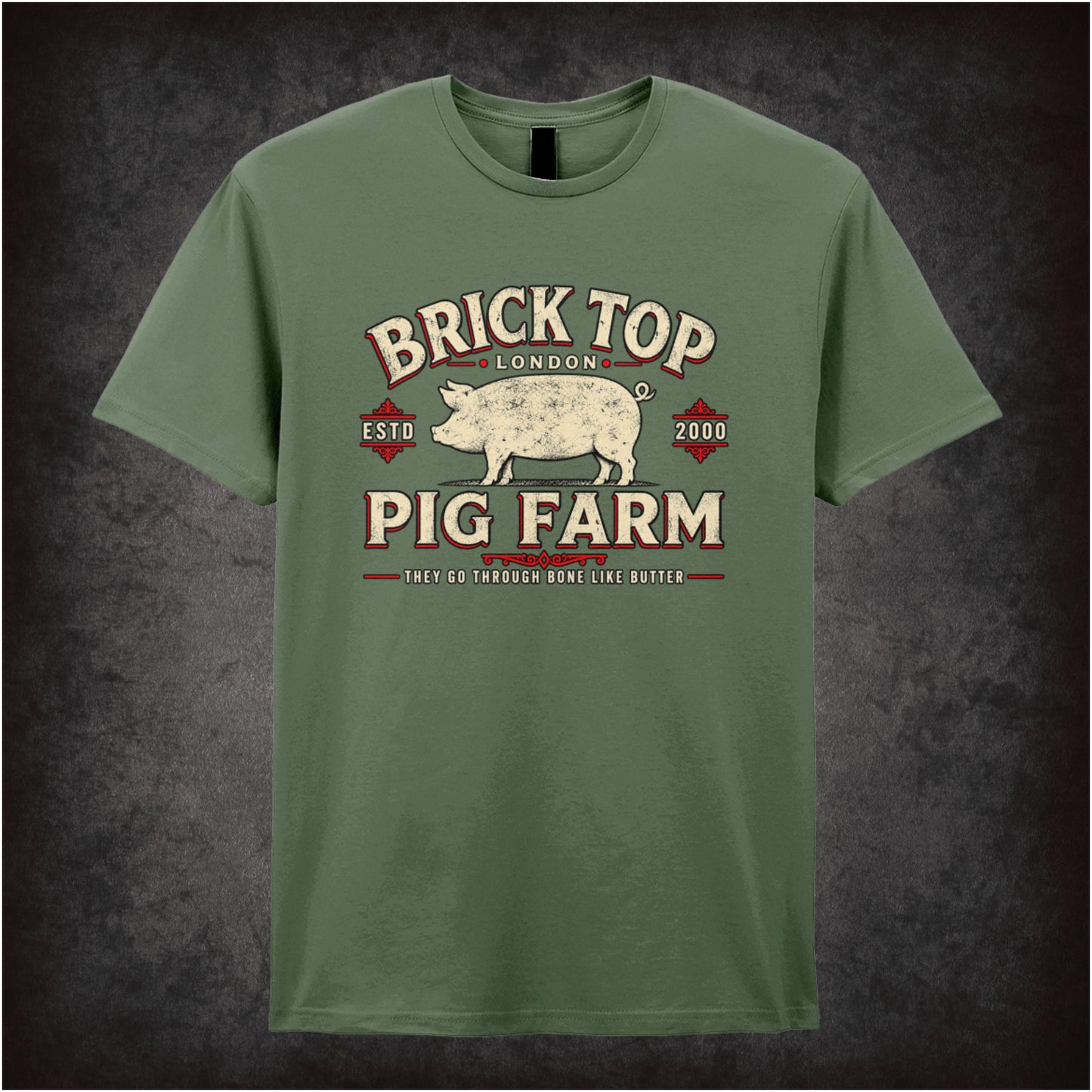 Brick Top’s Pig Farm logo T-shirt in military green from Snatch
