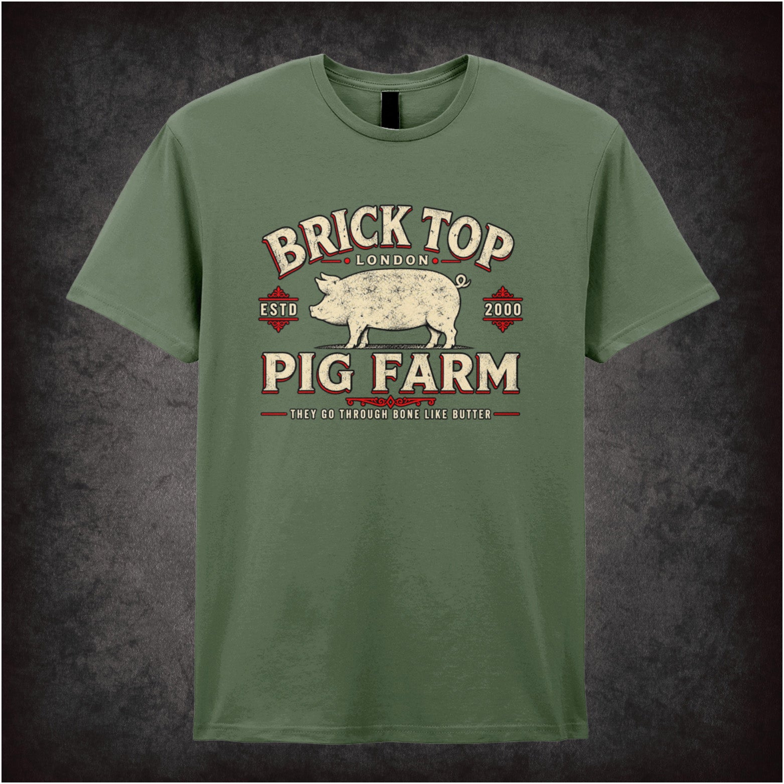Brick Top’s Pig Farm logo T-shirt in military green from Snatch