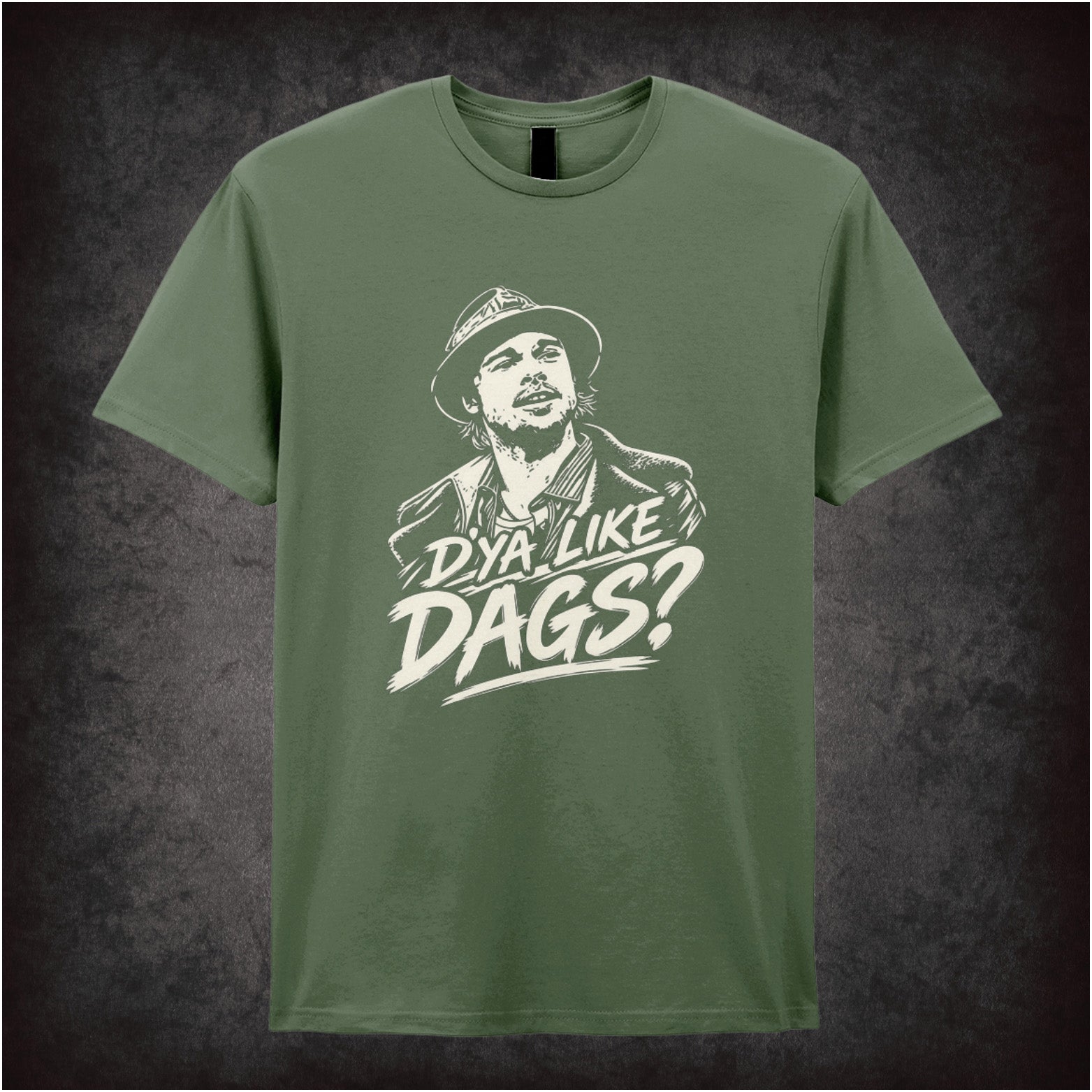 Mickey O’Neil ‘D'ya Like Dags?’ portrait T-shirt in military green from Snatch