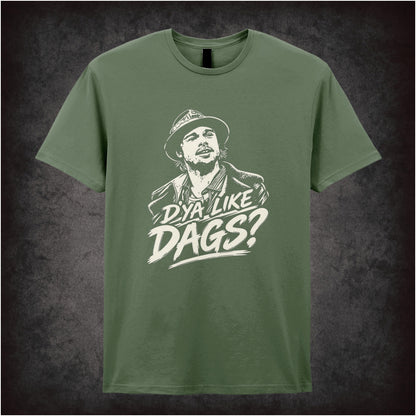 Mickey O’Neil ‘D'ya Like Dags?’ portrait T-shirt in military green from Snatch