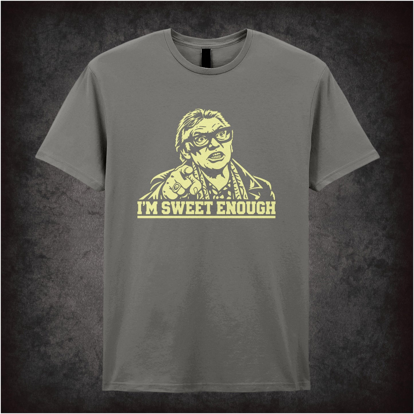 Brick Top ‘I’m sweet enough’ portrait T-shirt in charcoal from Snatch