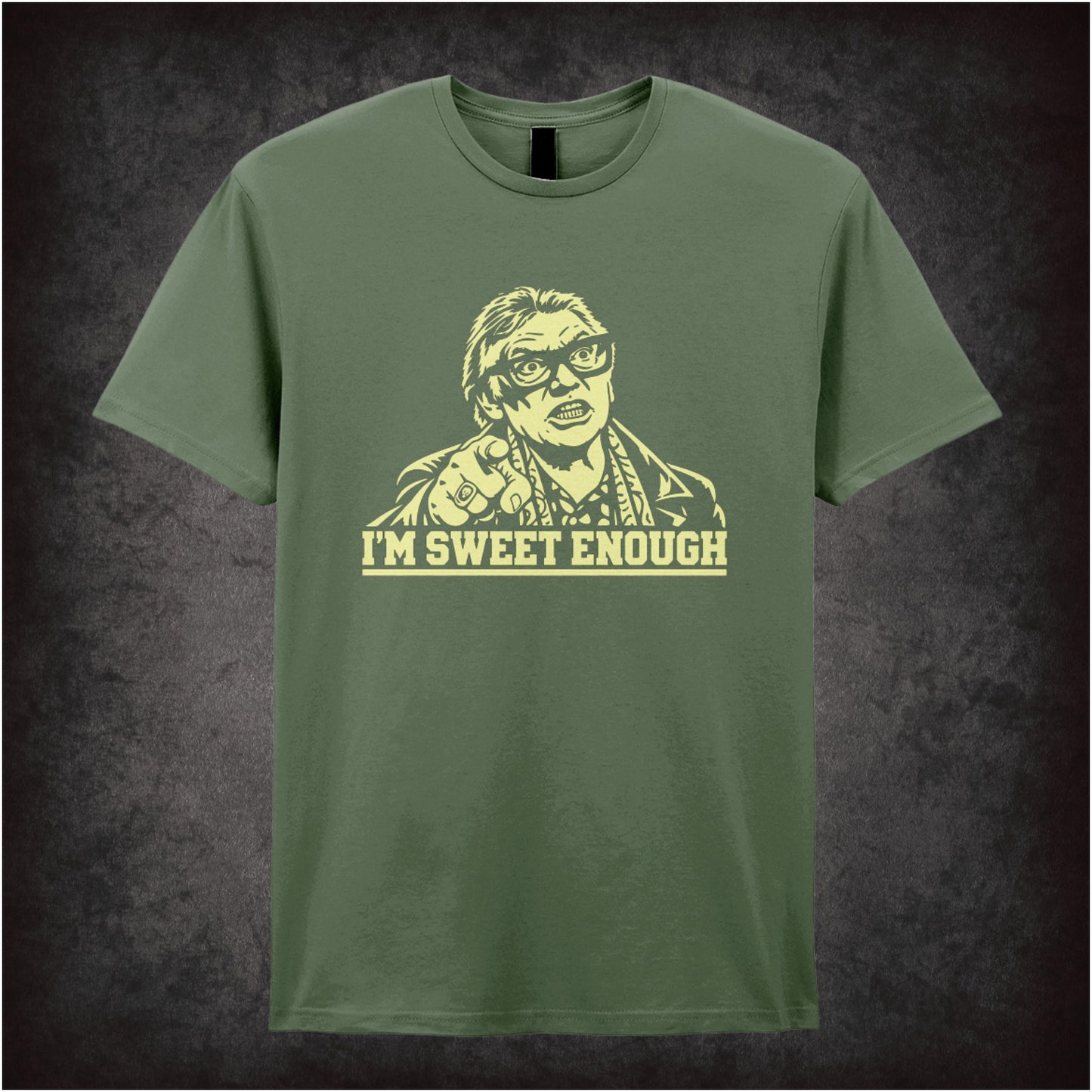 Brick Top ‘I’m sweet enough’ portrait T-shirt in military green from Snatch