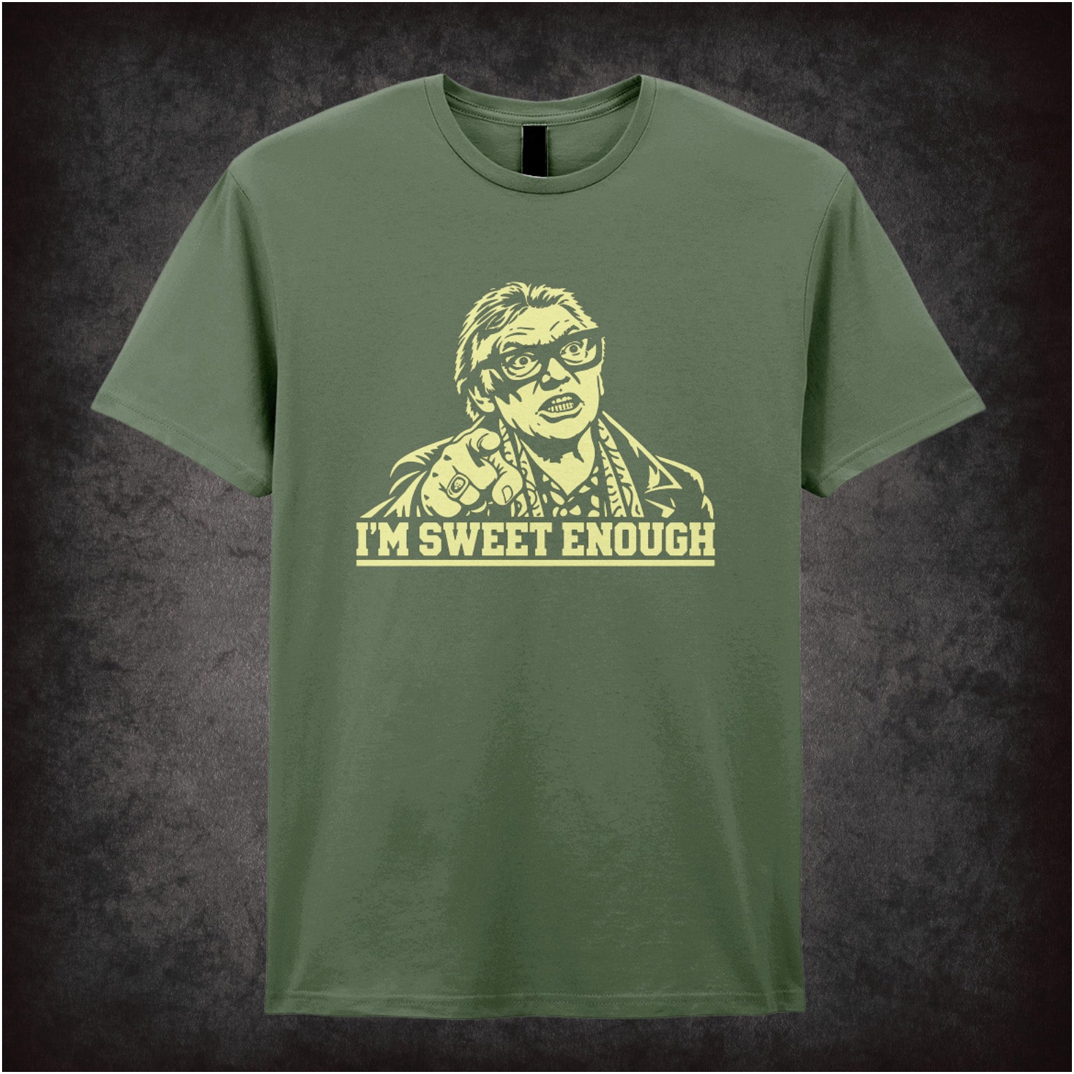 Brick Top ‘I’m sweet enough’ portrait T-shirt in military green from Snatch