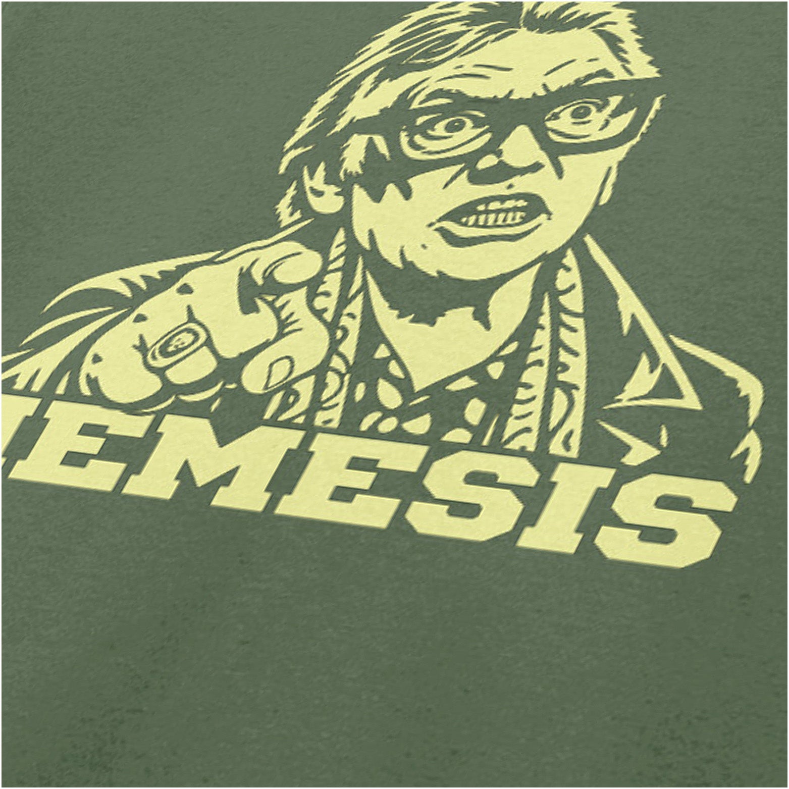 Brick Top ‘Nemesis’ portrait close up T-shirt in military green from Snatch