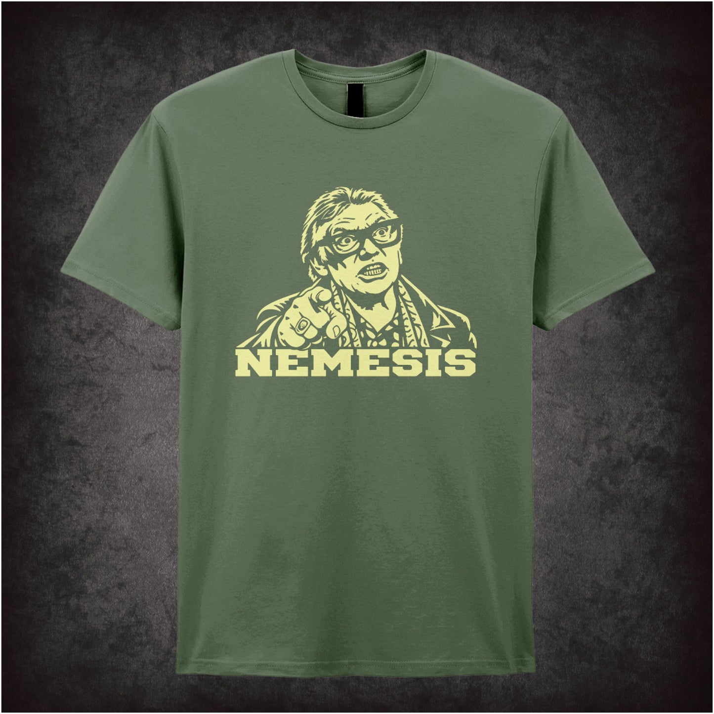 Brick Top ‘Nemesis’ portrait T-shirt in military green from Snatch