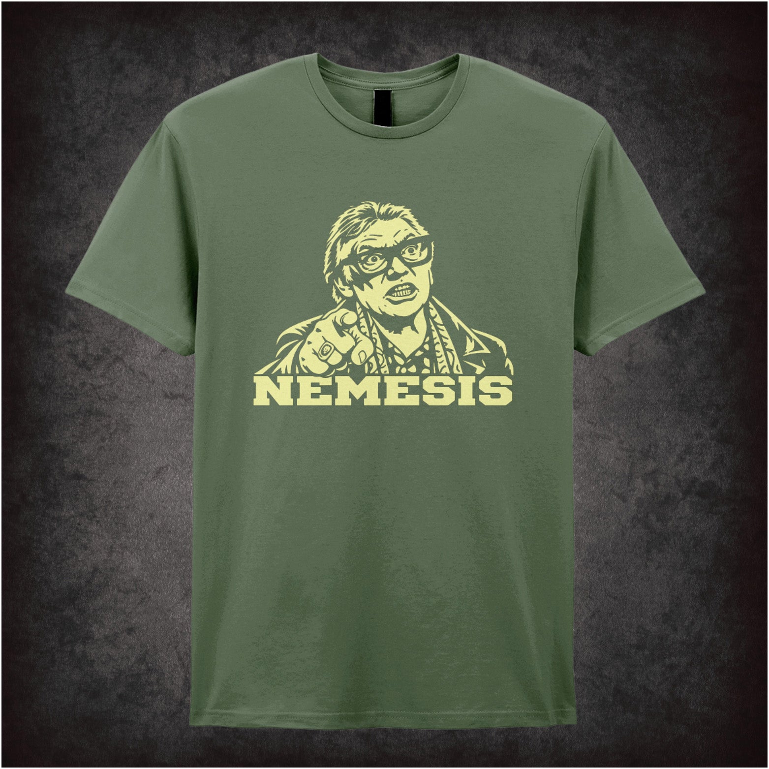 Brick Top ‘Nemesis’ portrait T-shirt in military green from Snatch