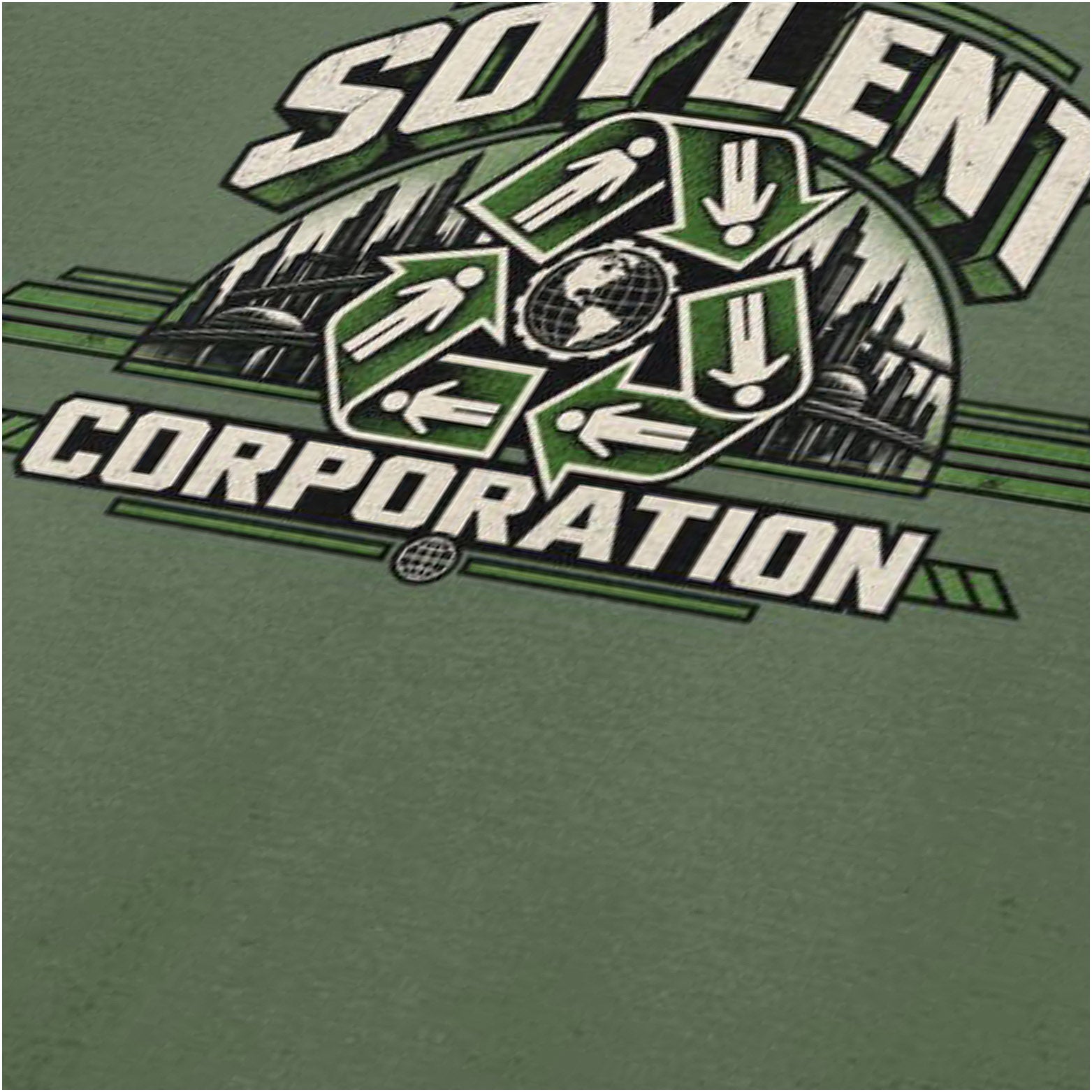 Soylent Corporation recycling logo close up T-shirt in military green from Soylent Green