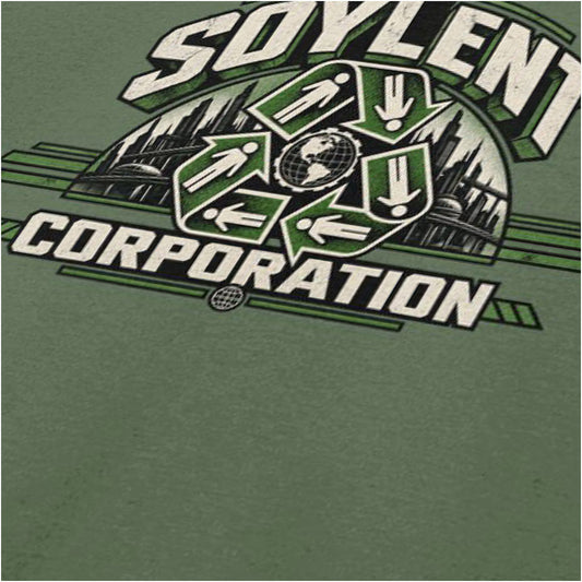 Soylent Corporation recycling logo close up T-shirt in military green from Soylent Green