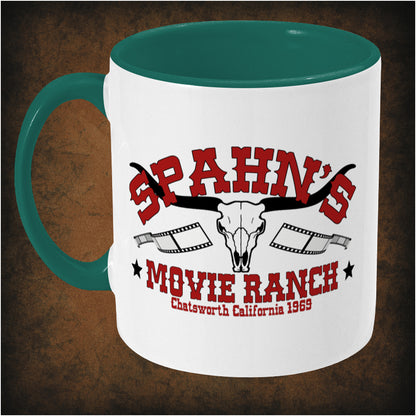 Two-tone ceramic mug featuring Spahn's Movie Ranch design inspired by Once Upon a Time in Hollywood, wrap-around print, dishwasher and microwave safe, left hand side perfect movie fan mug.