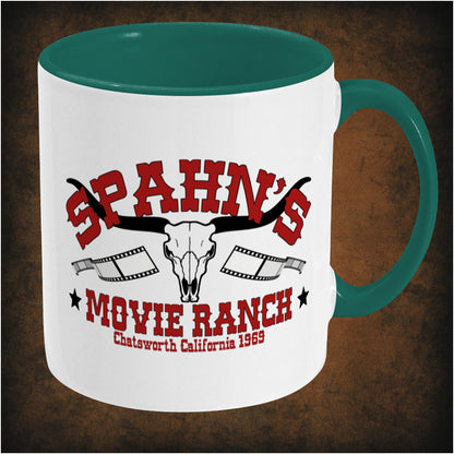 Two-tone ceramic mug featuring Spahn's Movie Ranch design inspired by Once Upon a Time in Hollywood, wrap-around print, dishwasher and microwave safe, right hand side perfect movie fan mug.