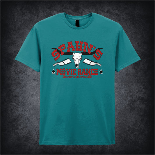 antique sapphire coloured unisex t-shirt displaying a vintage-style graphic of Spahn’s Movie Ranch, inspired by Once Upon A Time In Hollywood, with rustic lettering and a retro Western vibe.