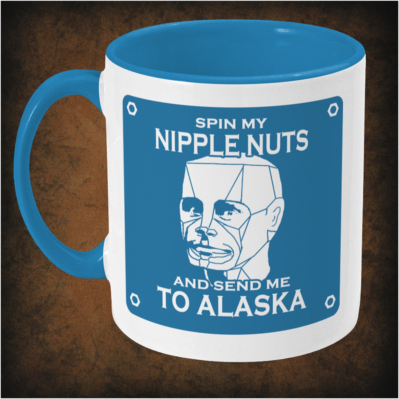 SPIN MY NIPPLE NUTS AND SEND ME TO ALASKA – Red Dwarf inspired two-toned ceramic mug left hand side featuring bold sci-fi quote design, perfect gift for Red Dwarf fans and British comedy lovers.