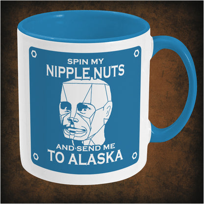 SPIN MY NIPPLE NUTS AND SEND ME TO ALASKA – Red Dwarf inspired two-toned ceramic mug right hand side featuring bold sci-fi quote design, perfect gift for Red Dwarf fans and British comedy lovers.