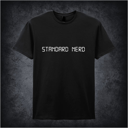 Black unisex T-shirt featuring the phrase 'Standard Nerd' from The IT Crowd